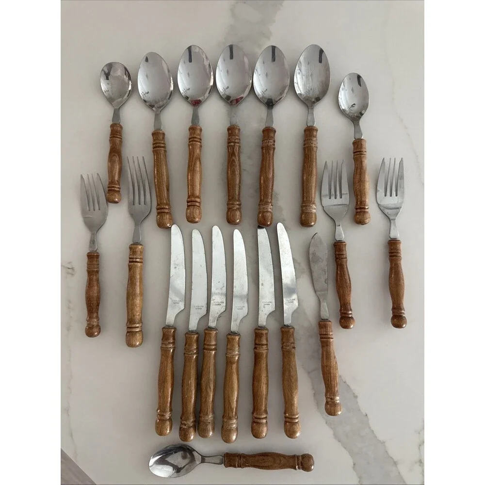 Wood Handle Cutlery Set Stainless Steel Flatware 19-Piece Replacement